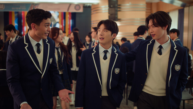 Anthony Keyvan as Quincy 'Q' Shabazian, Minyeong Choi as Dae Heon Kim, and Sang Heon Lee as Min Ho Moon in Season 2 of 'XO, Kitty'