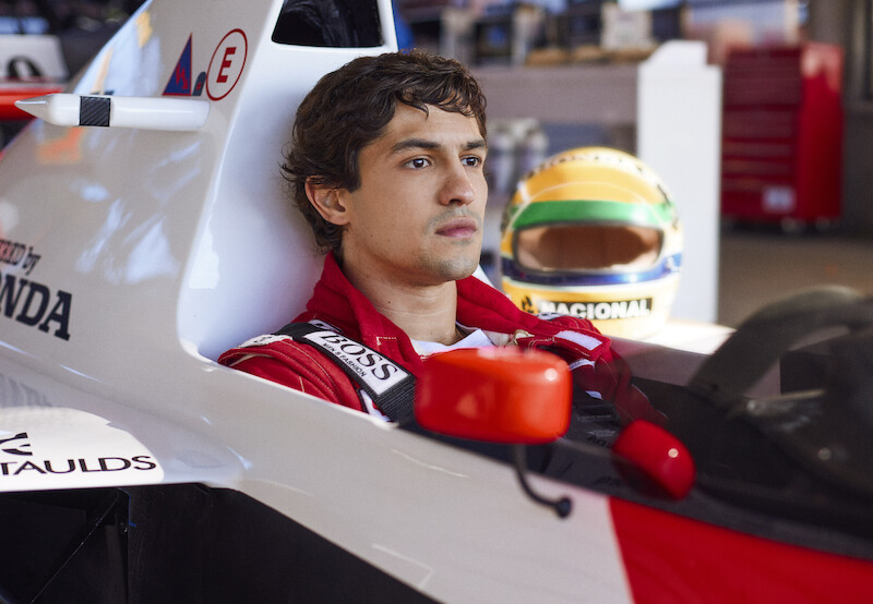 Gabriel Leone as Ayrton Senna sits in a race car in 'Senna'