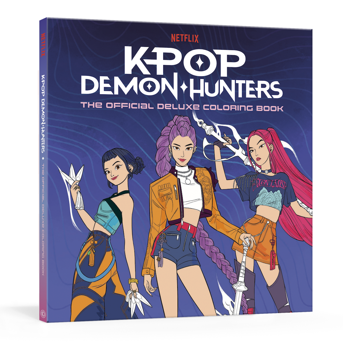 Cover of Netflix's "KPOP Demon Hunters: The Official Deluxe Coloring Book," featuring three animated female characters in stylish outfits with a purple, blue, and red color scheme and dynamic action poses against a graphic background.