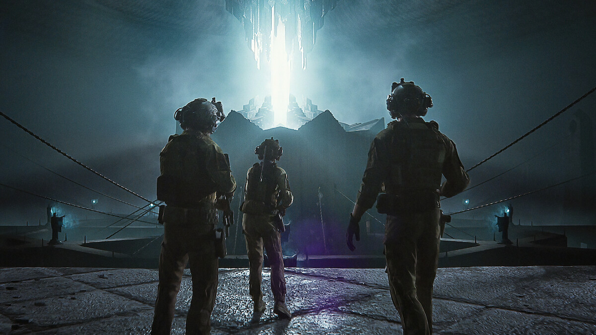 Three soldiers approach a building with glowing light in “In Vaulted Halls Entombed” from ‘Love, Death, + Robots’ Volume 3