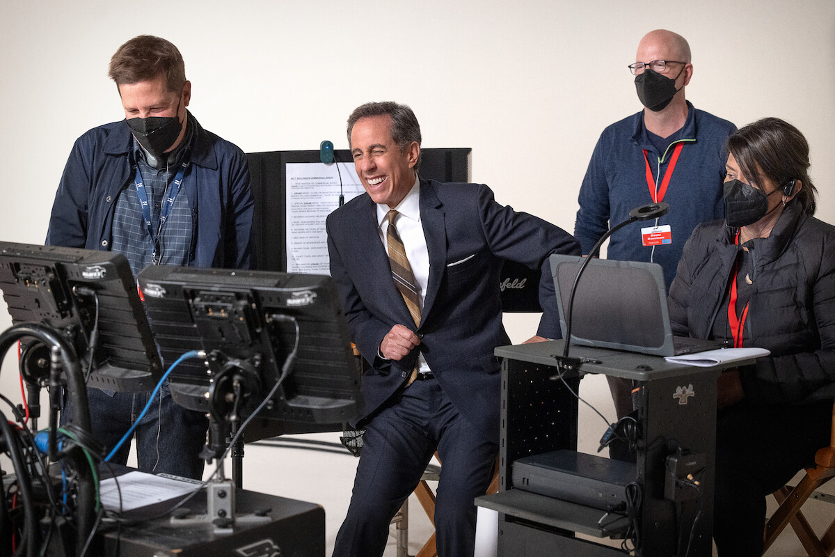 Producer Spike Feresten, director Jerry Seinfeld, producer Beau Bauman, and script supervisor Kerry Lyn McKissick on the set of ‘Unfrosted’