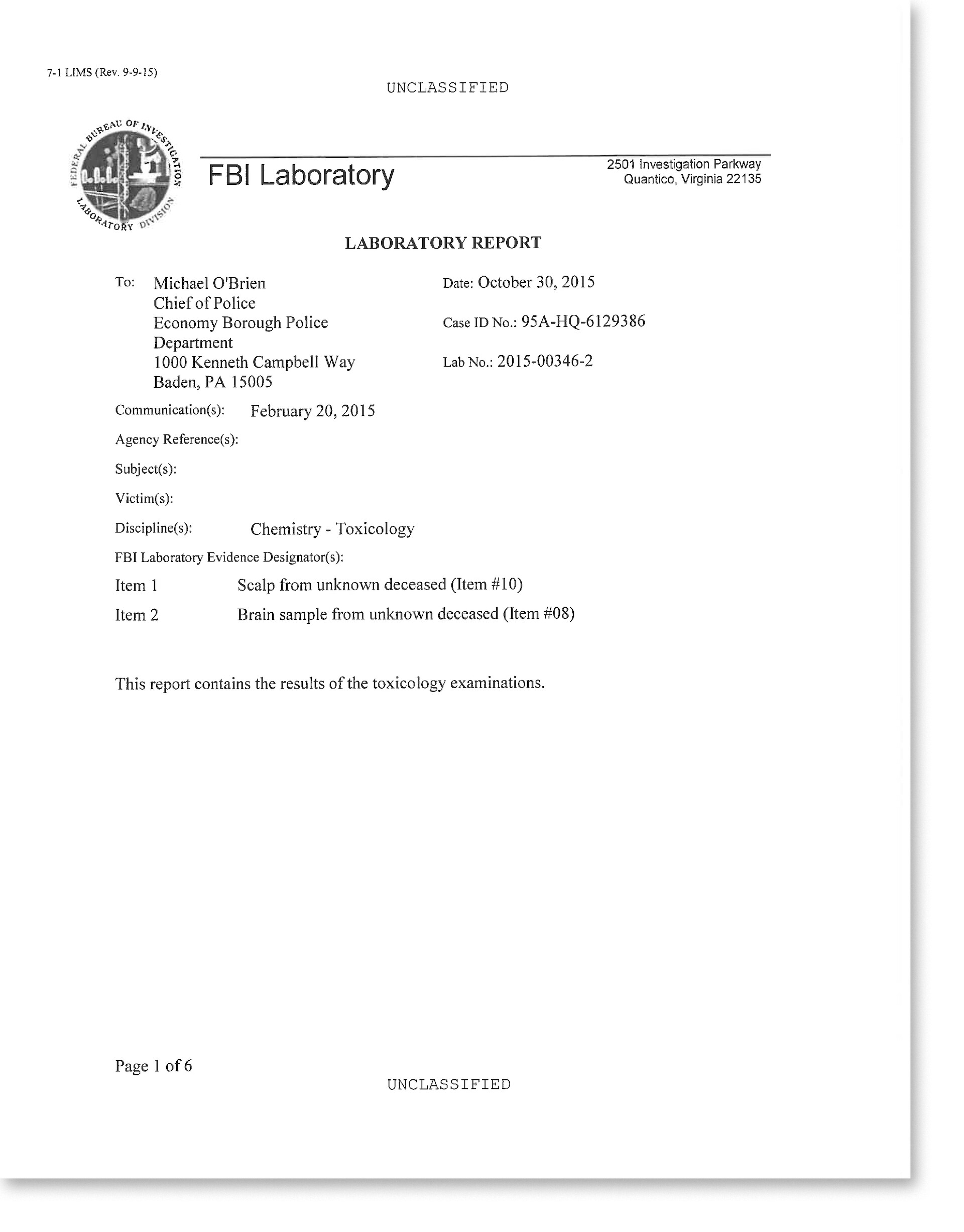 FBI Laboratory Report