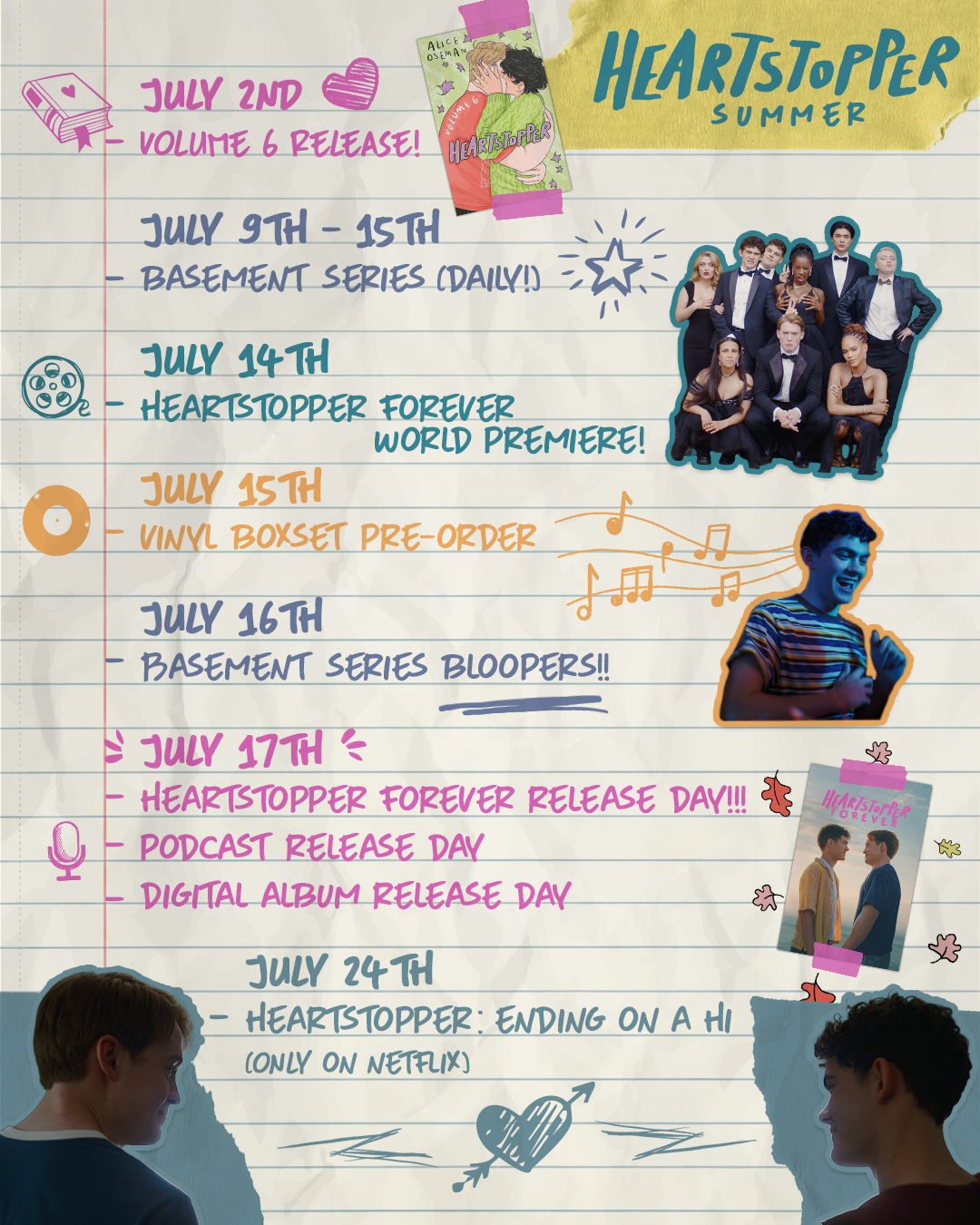 Heartstopper Summer events calendar with handwritten notes, illustrations, cast photos, and images of two boys facing each other; events include book release dates, premieres, podcast, music album and vinyl boxset details on lined paper.