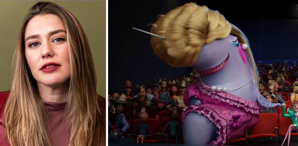 L: Ally Dixon, R: Nikki Narwhal sits in a theater in ‘Thelma the Unicorn.’