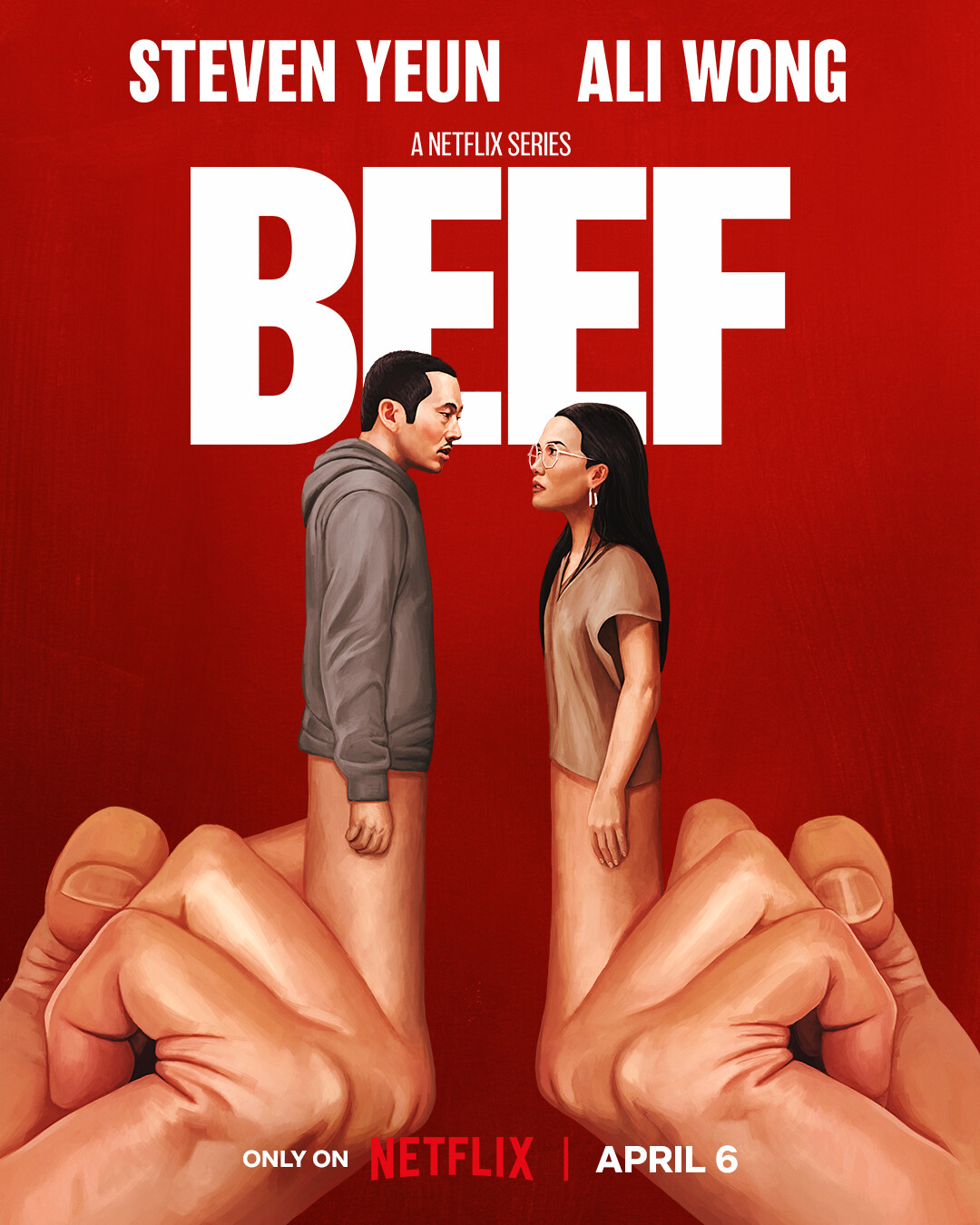 Steven Yeun and Ali Wong as puppets on middle fingers.