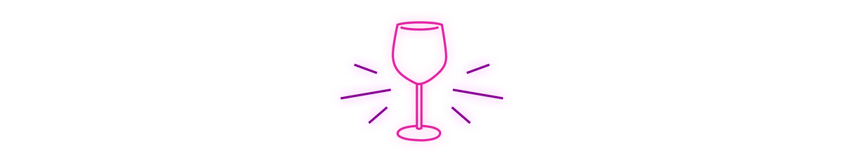 Pink outline of a wine glass at the center with stylized, symmetrical rays or sparkles in purple and pink radiating from behind, on a transparent background.