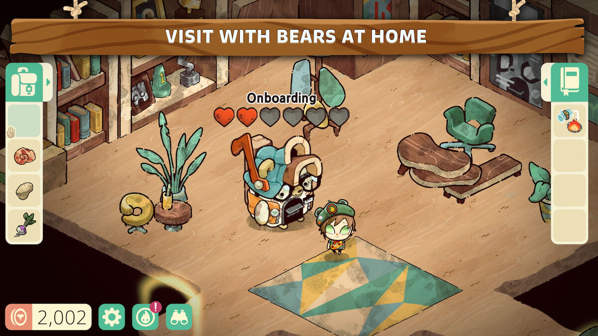 Animated cabin interior of the game ‘Cozy Grove: Camp Spirit’