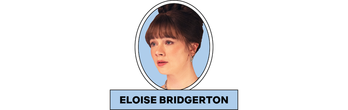 Portrait of a young woman with brown hair and bangs, styled up, set against a light blue background in an oval frame. Below the portrait is a name label on a blue rectangle.