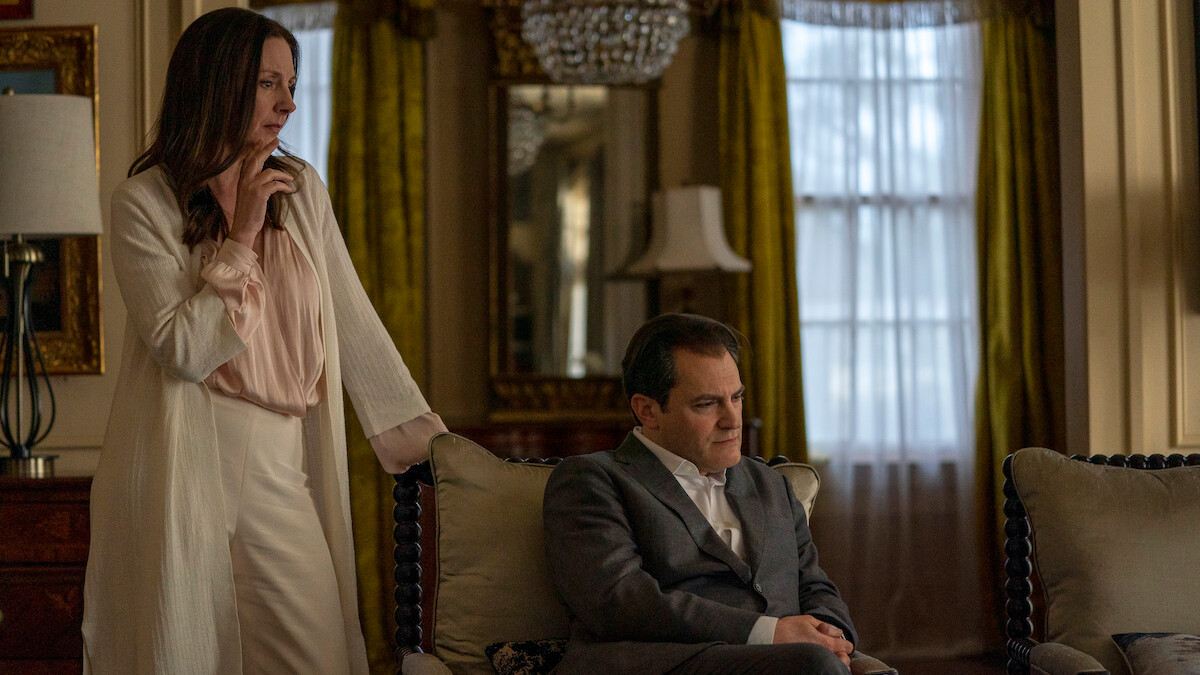 Hope Davis as Gina Baxter and Michael Stuhlbarg as Jimmy Baxter show concerned expressions in Season 1 of ‘Your Honor’