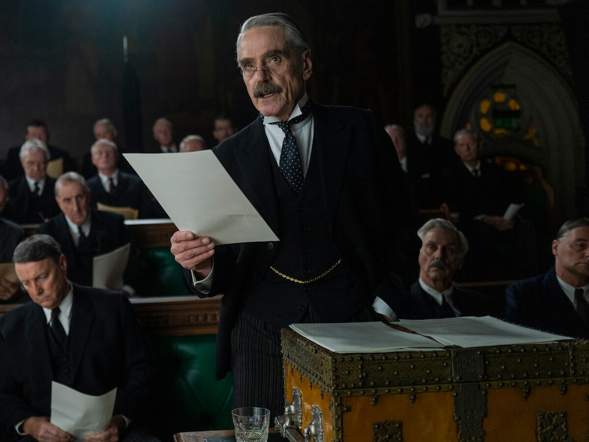 Jeremy Irons plays Neville Chamberlain speaking in the Hous of Parliament