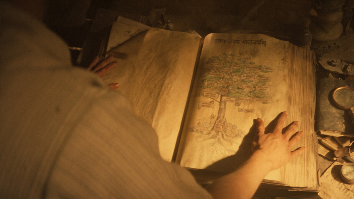 Person reading an old, large, illustrated book at a dimly lit desk, with visible hands on the pages, showing an artistic tree diagram. The setting has an antique, scholarly atmosphere.