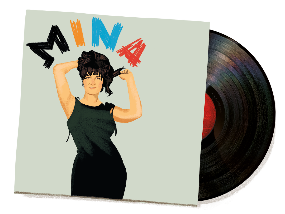 Illustration of a vinyl record partially sliding out of its sleeve, which features a woman in a black dress styling her hair beneath colorful hand-drawn lettering spelling “Mina.”