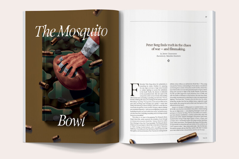 Magazine spread showing a football player’s hand on a ball with scattered bullet casings, titled “The Mosquito Bowl.” The right page contains an article about Peter Berg, exploring themes of war and filmmaking.