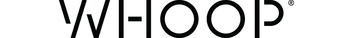 The black, minimalist WHOOP logo displayed on a white background, featuring bold, modern lettering used for branding fitness wearable technology.