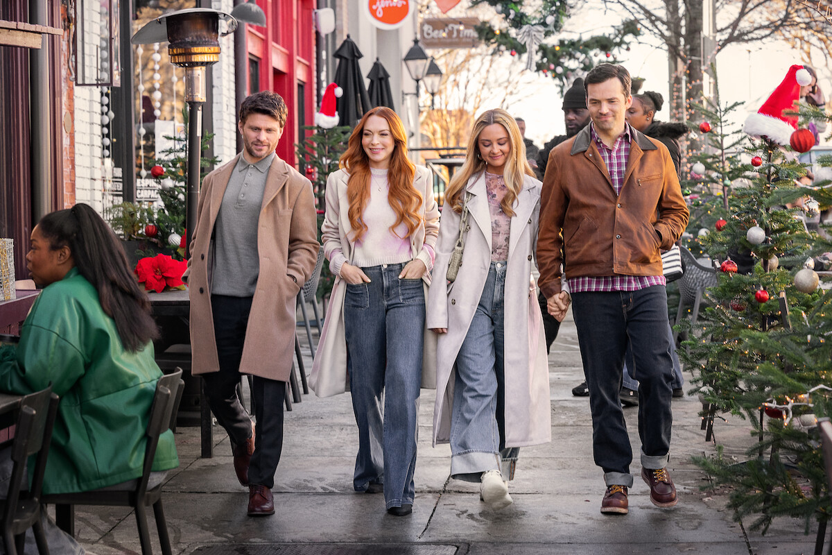 Jon Rudnitsky as Cameron, Lindsay Lohan as Avery, Katie Baker as Cassie, and Ian Harding as Logan in ‘Our Little Secret’