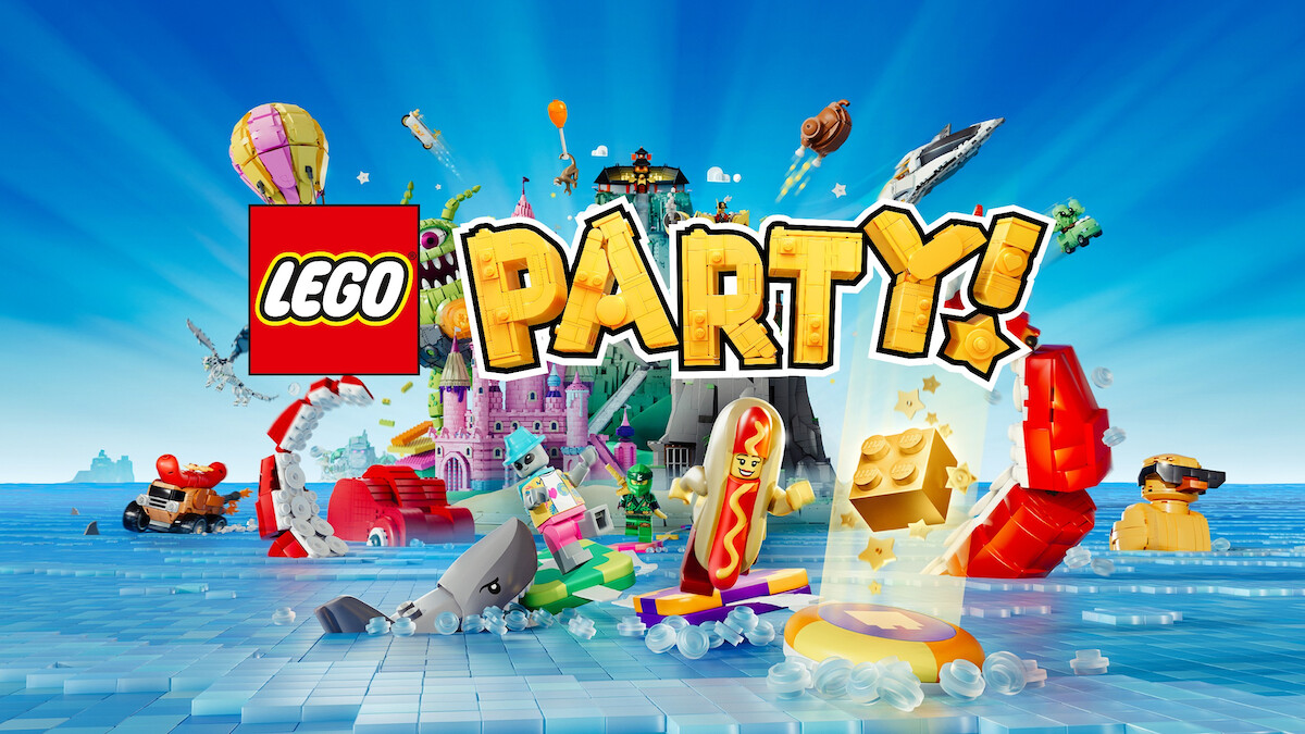 Colorful LEGO figures and objects gather in a lively outdoor party scene on water, featuring playful characters, balloons, and the word "PARTY!" for a festive, joyful mood.