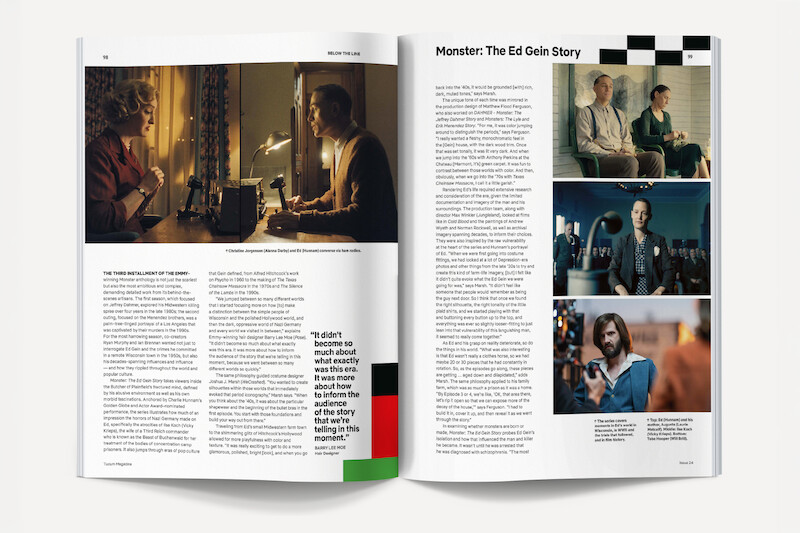 Magazine spread about "Monster: The Ed Gein Story" featuring interview scenes, film stills of actors in dramatic settings, and blocks of text discussing the story, displayed on a clean, modern layout.