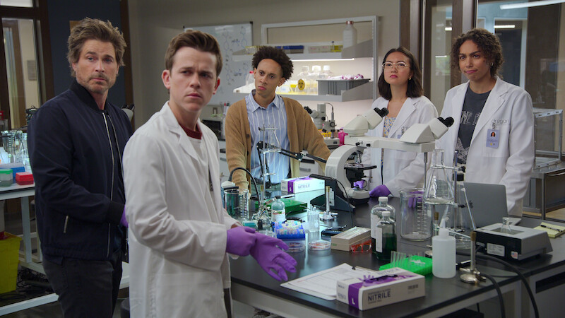 Rob Lowe, John Owen Lowe, Aaron Branch, Rachel Marsh and Emma Ferreira in Season 1 of Unstable.
