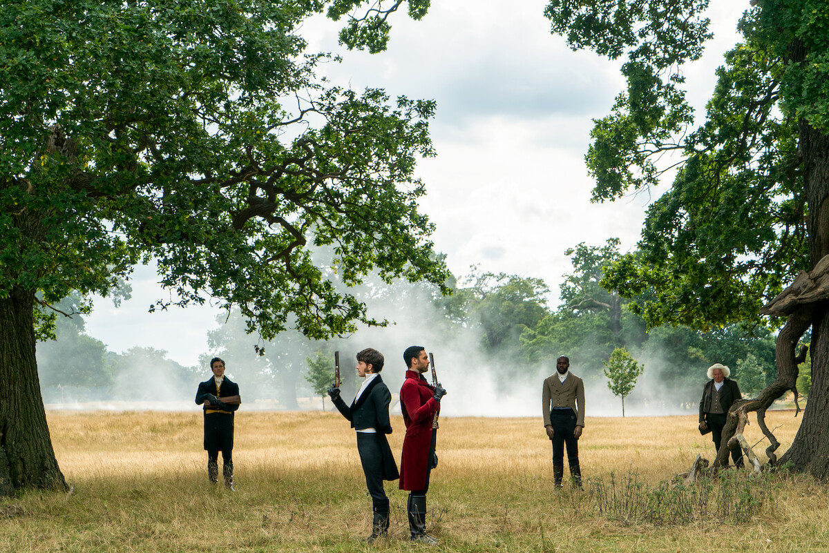 Luke Thompsonas Benedict Bridgerton, Jonathan Bailey as Anthony Bridgerton, Regé-Jean Page as Simon Basset, and Martins Imhangbe as Will Mondrich in Episode 104 of ‘Bridgerton.’