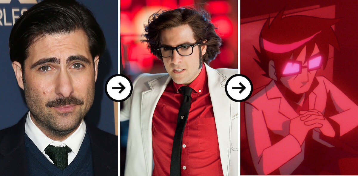 Triptych of images showing a headshot of Jason Schwartzman, Jason Schwartzman as Gideon Graves in ‘Scott Pilgrim vs. The World,’ and Jason Schwartzman as Gideon Graves in ‘Scott Pilgrim Takes Off’