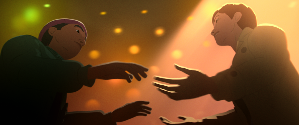 Duas pessoas em estilo animado se aproximam de braços abertos em um ambiente colorido e de iluminação aconchegante com luzes fortes, sugerindo um momento emocionante ou importante.