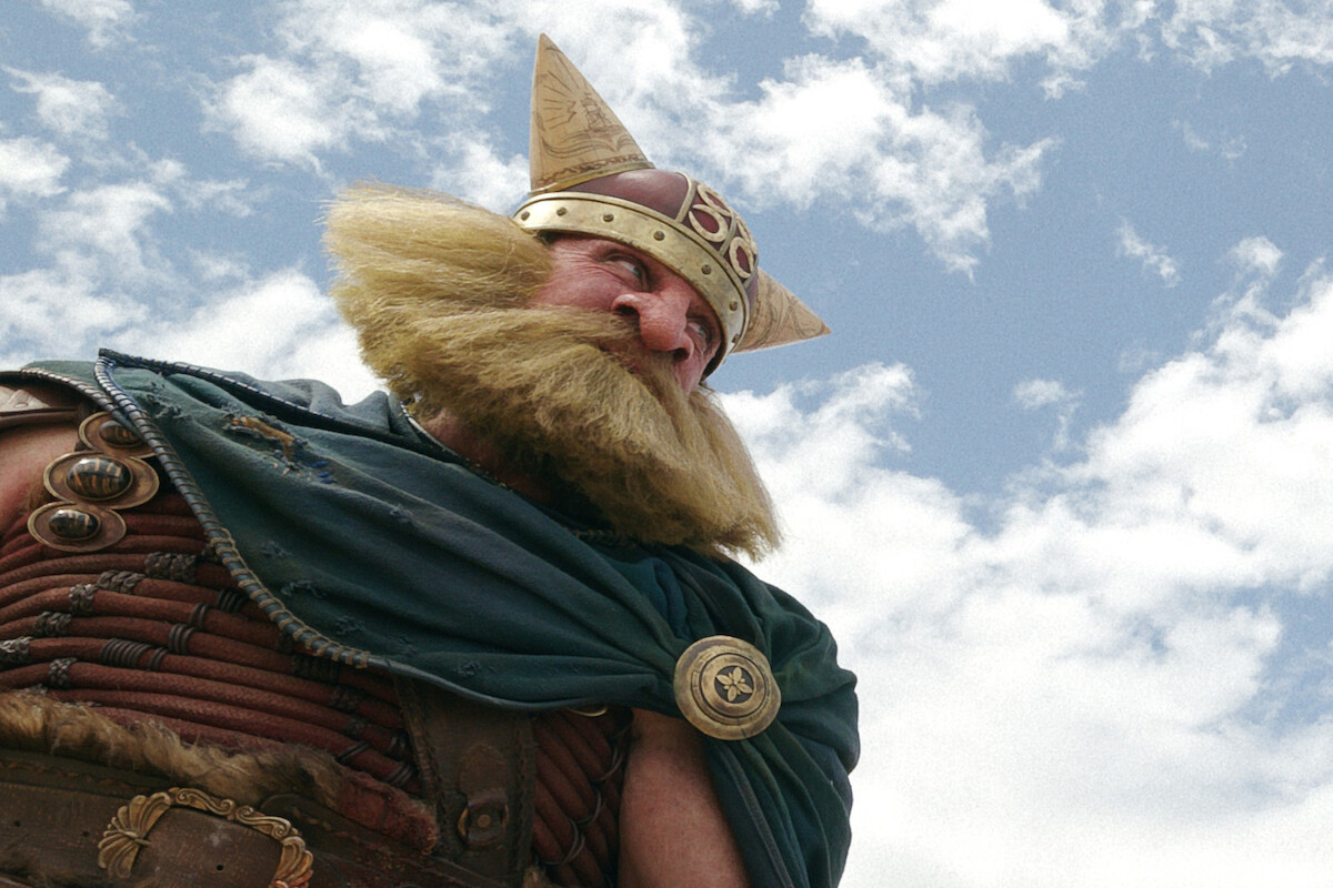 A person in Viking costume with a large blond beard and horned helmet stands outdoors under a cloudy sky, wearing a green cloak and leather armor, portrayed from a low-angle perspective.