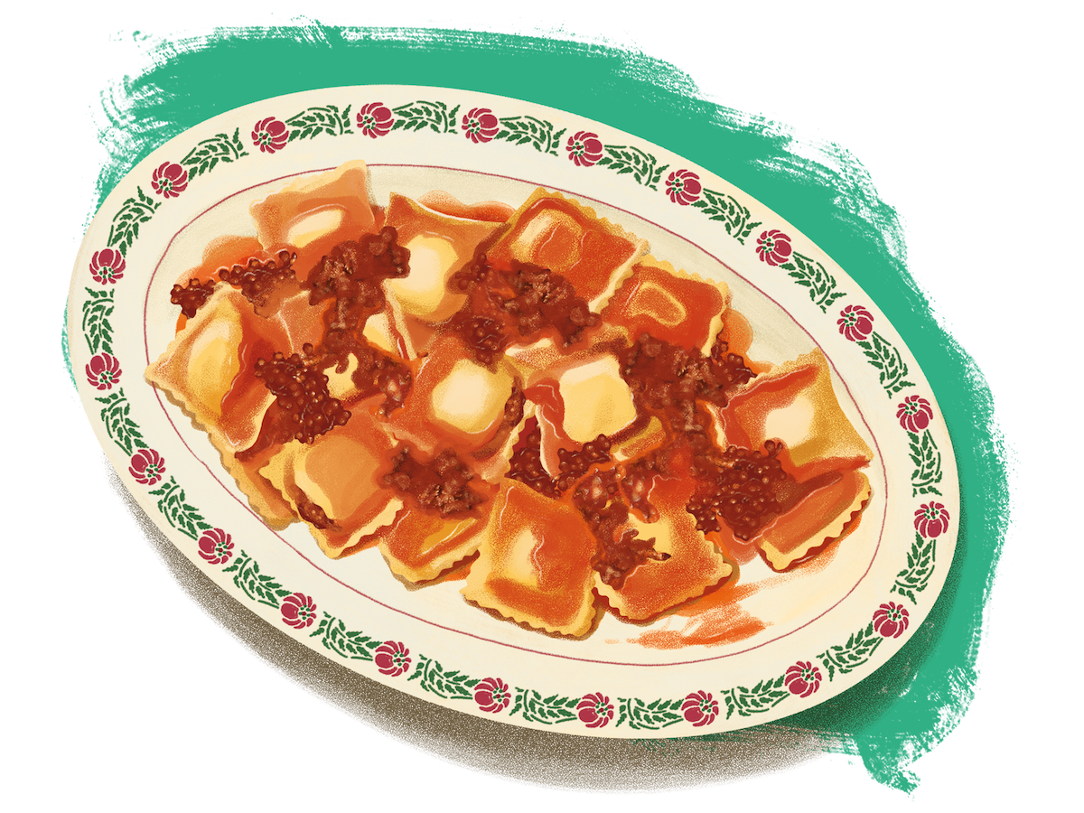 Illustration of a platter of ravioli topped with red sauce and crumbled meat, served on a decorative oval plate against a teal painted background.