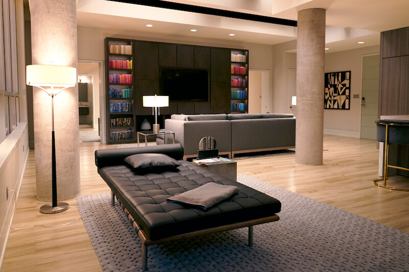 Dark grey day bed in the middle of a living room. 