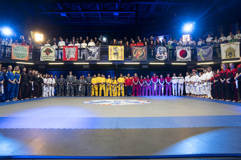 Karate teams line up in a stadium in Season 6, Part 2 of 'Cobra Kai'