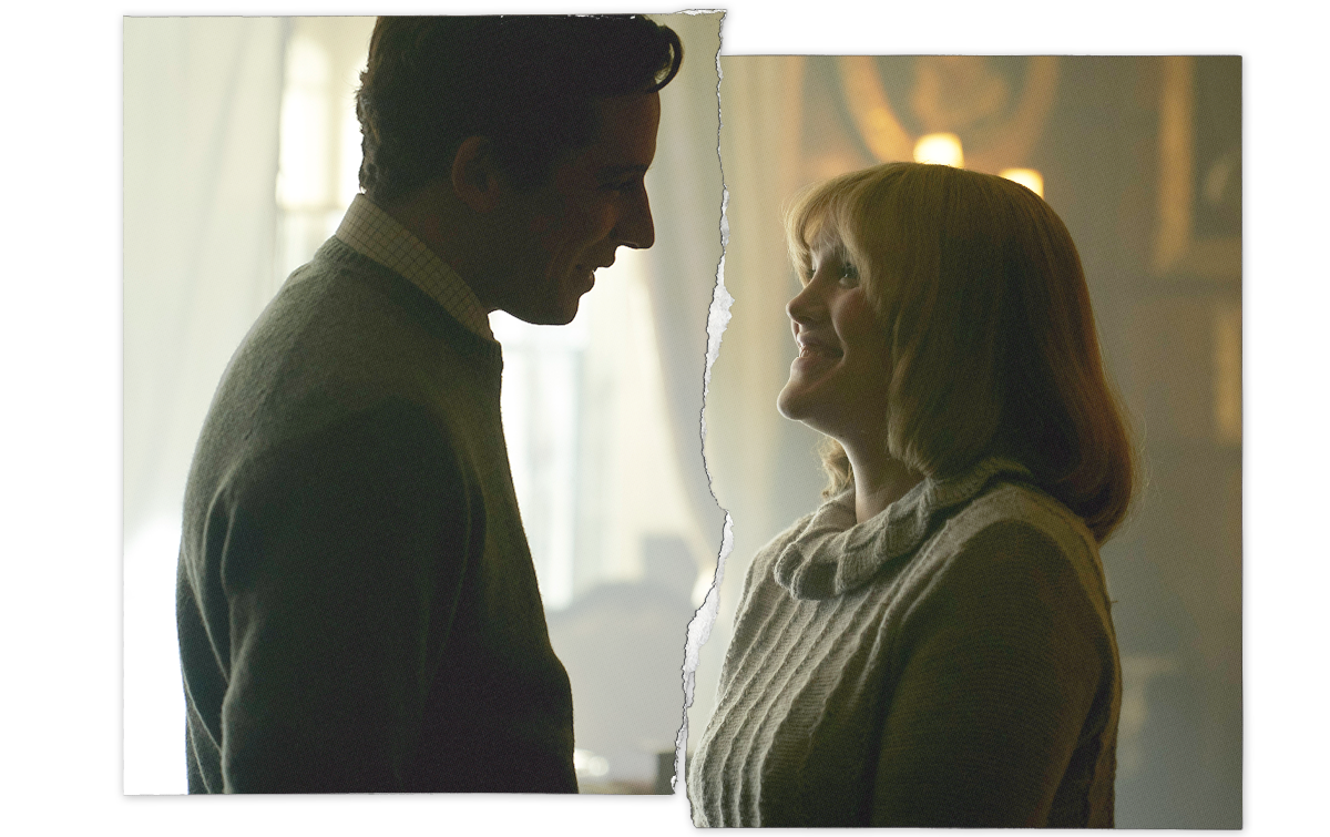 Camilla Shand (Emerald Fennell) and Andrew Parker Bowles staring at each other
