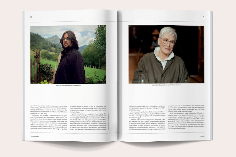 Magazine spread showing a man with long hair standing outdoors in a green rural landscape on the left page, and an older woman with glasses seated indoors, warmly lit, on the right page, both accompanied by text.