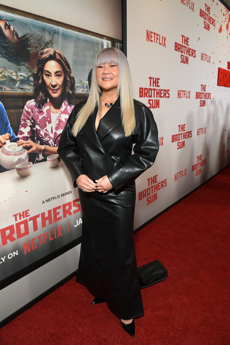 Jenny Yang attends Netflix's 'The Brothers Sun' Los Angeles Premiere wearing a black leather dress