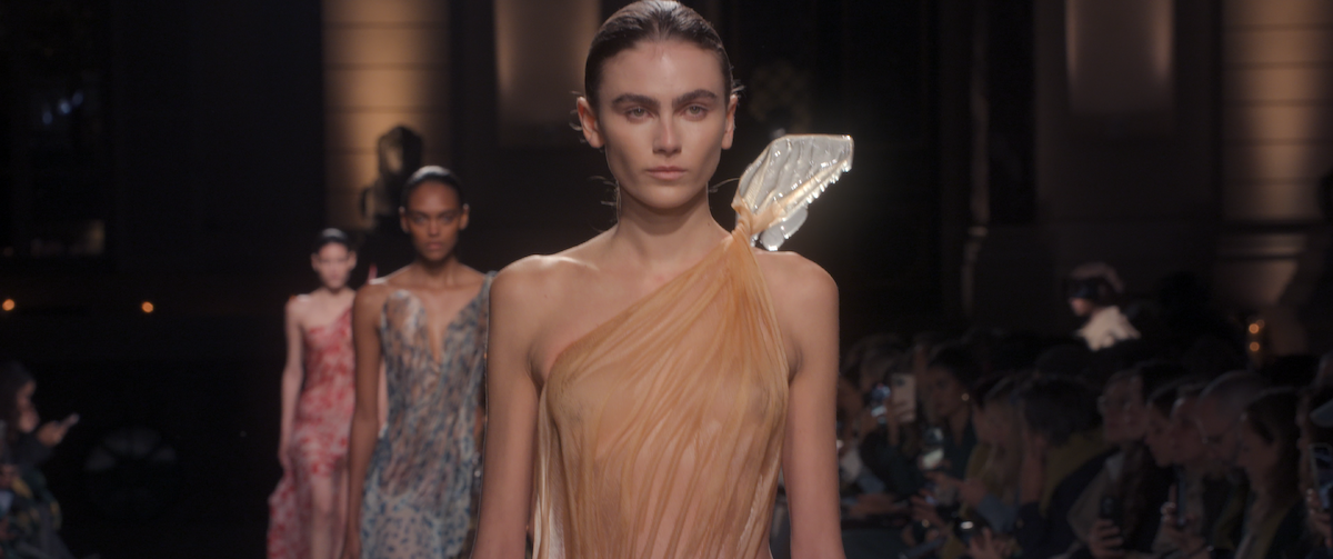 Models walking the runway in Victoria Beckham’s Paris fashion show.