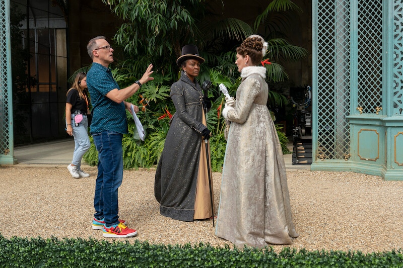 Executive Producer/Director Tom Verica, Adjoa Andoh as Lady Agatha Danbury, Ruth Gemmell as Violet Bridgerton