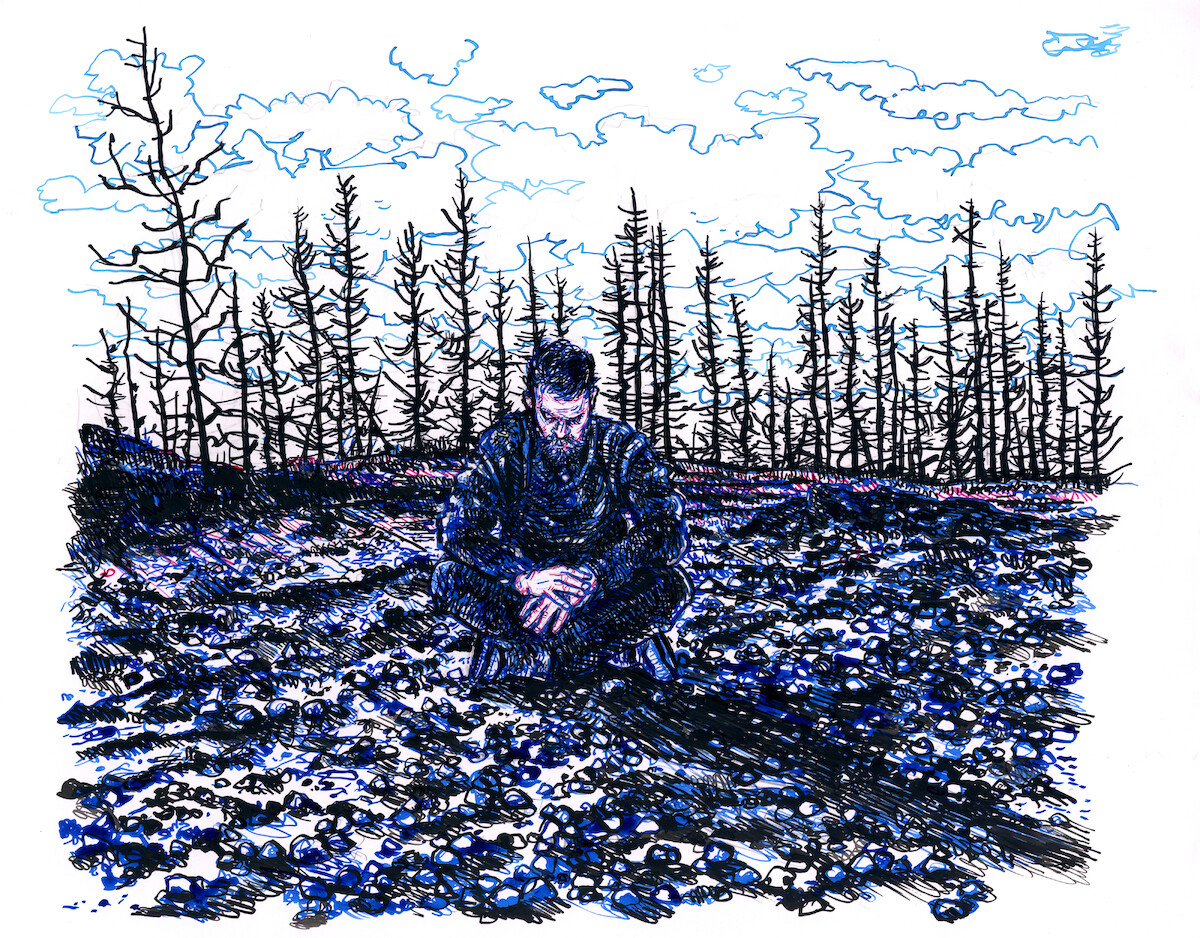 An illustration of a man in a burned down forest, amongst the rubble.