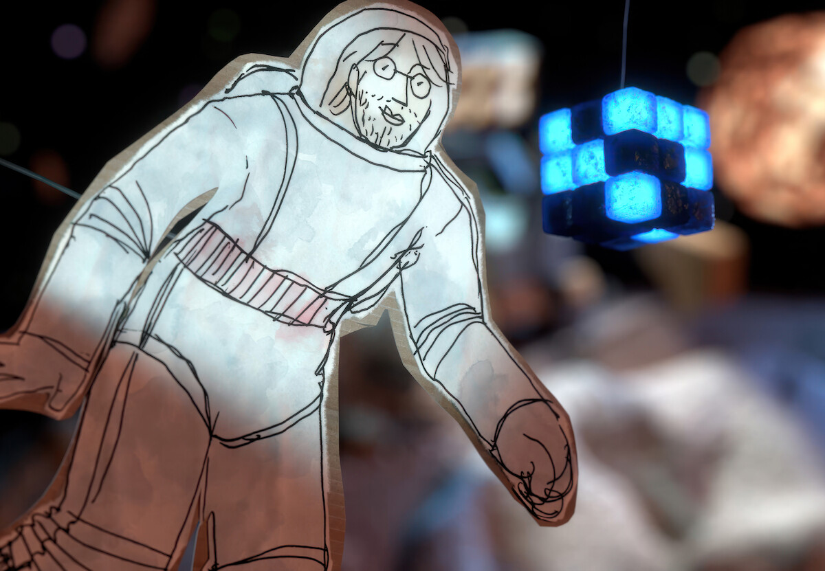 Desenho em papel mostra um homem em trajes de astronauta interagindo com um cubo com blocos pretos e azuis, que representa a inteligência artificial