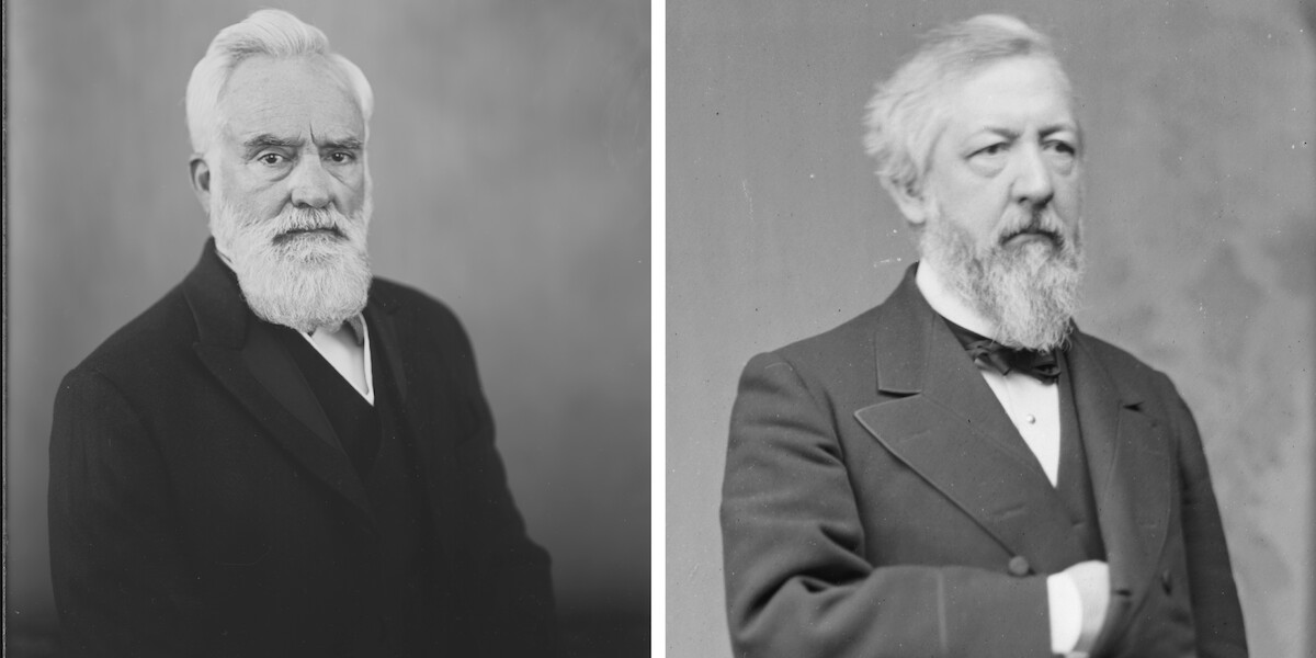 Two older men with white beards in formal dark suits pose separately in vintage black-and-white portraits, gazing seriously, set against plain studio backgrounds with a dignified and somber mood.