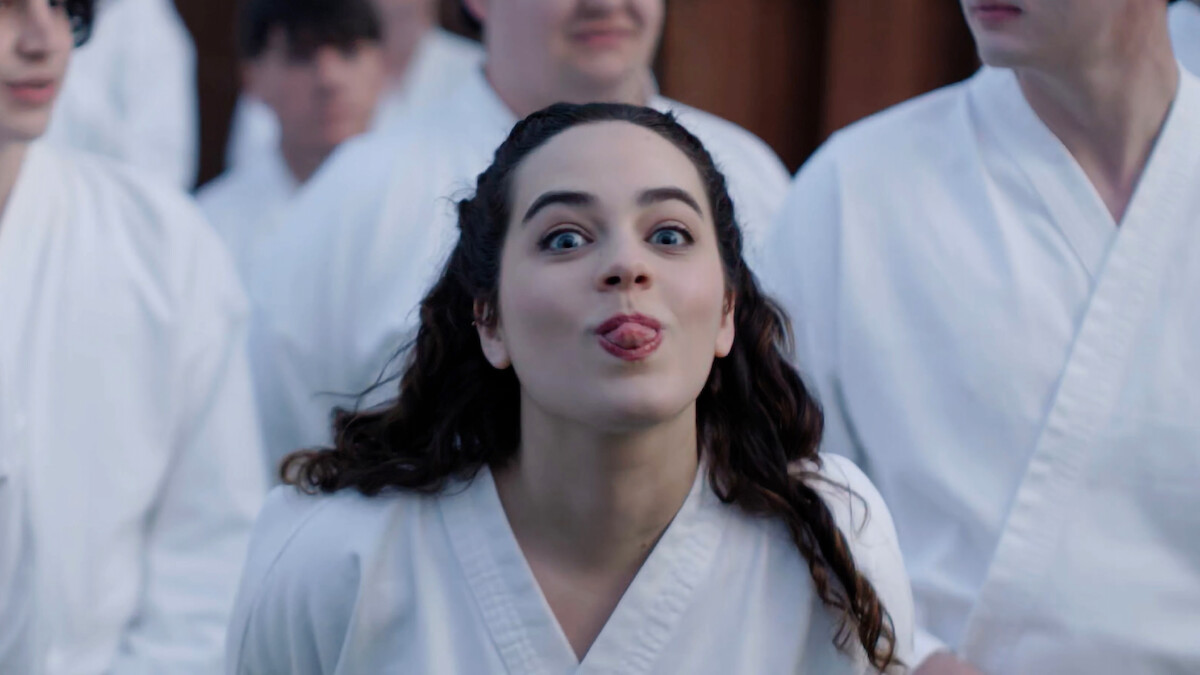 Mary Mouser as Samantha LaRusso sticks her tongue out in the bloopers reel for 'Cobra Kai' Season 6, Part 1
