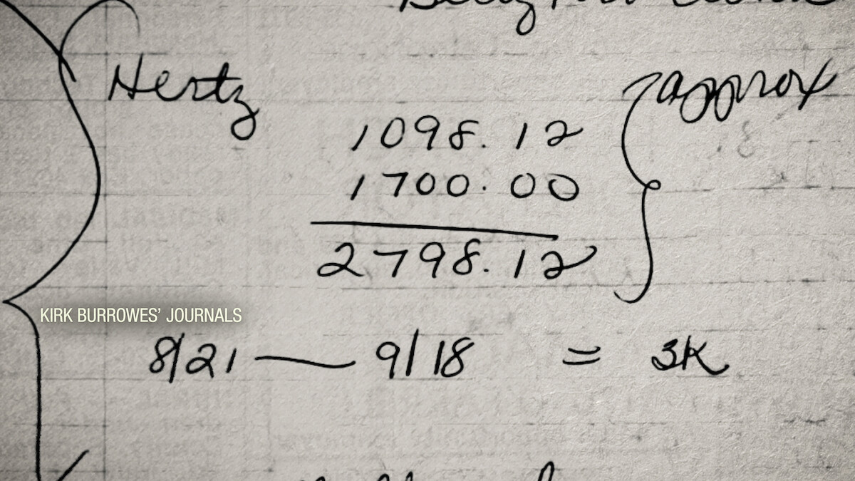 Handwritten journal page with mathematical calculations, formulas, and notes titled "KIRK BURROWES' JOURNALS," on textured paper, giving an academic and contemplative mood.