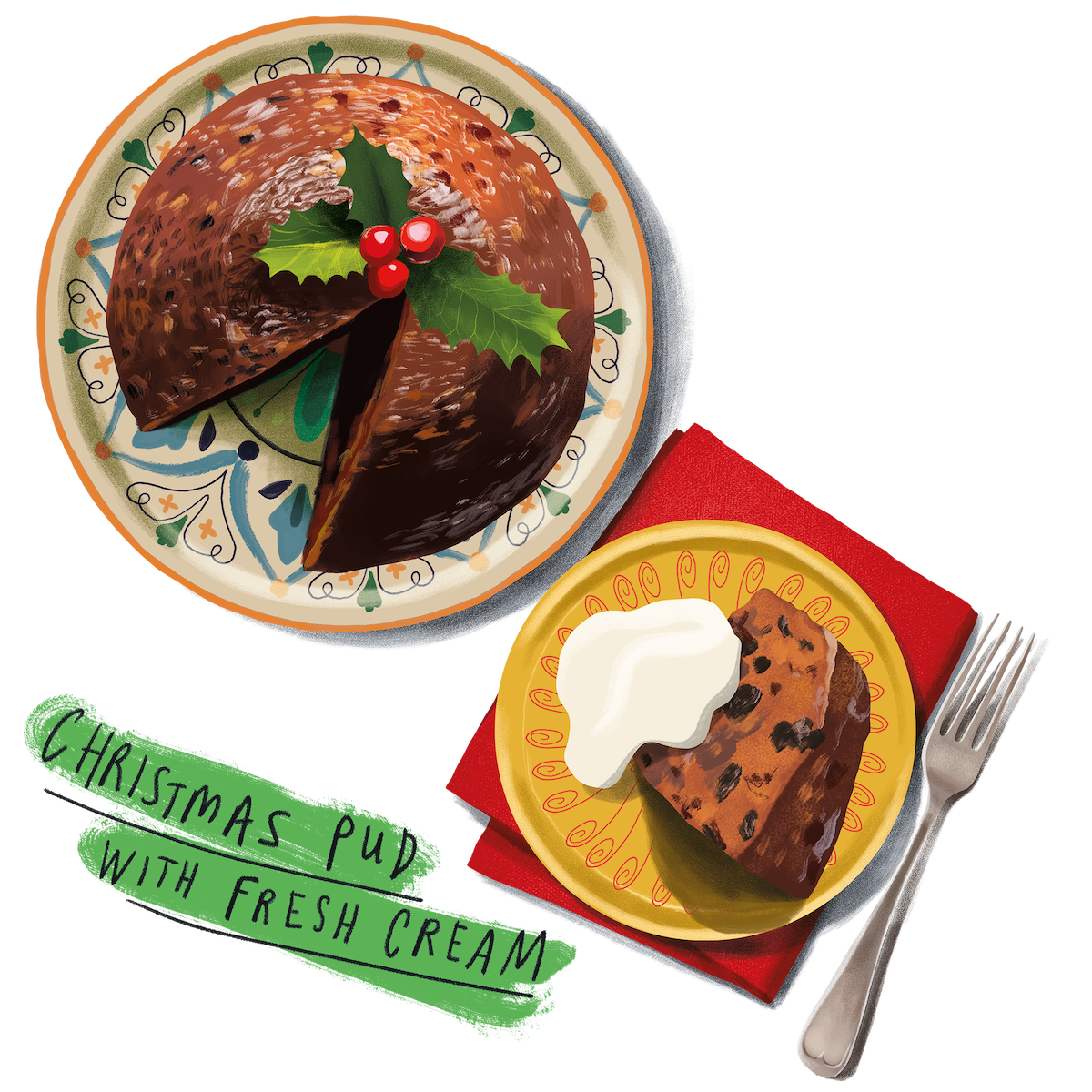 Illustration of Christmas pudding with fresh cream