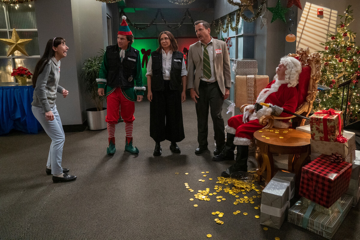 Dennice Cisneros as Angie, Jason Bateman as self, Maya Rudolph as self, Will Arnett as Terry Seattle, Sean Hayes as Santa in ‘Who Killed Santa? A Murderville Murder Mystery’.