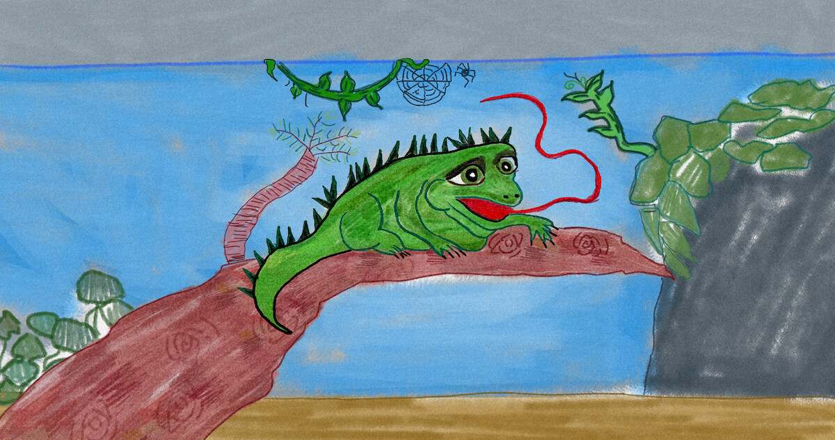 Desenho infantil ilustra um lagarto verde com sua língua para fora da boca