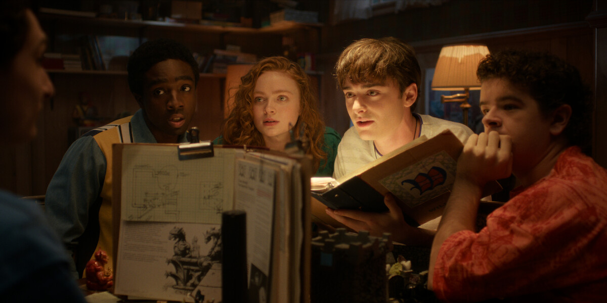 Finn Wolfhard as Mike, Caleb McLaughlin as Lucas, Sadie Sink as Max, Noah Schnapp as Will, and Gaten Matarazzo as Dustin in ‘Stranger Things 5’