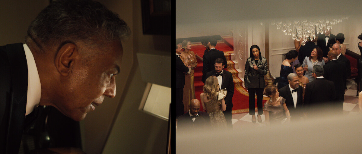 Split screen photo of A.B. Wynter looking down the main entrance hall through mail slot.