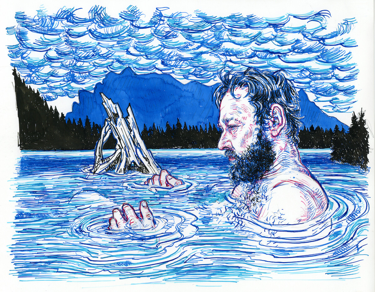 An illustration of a man in a lake.