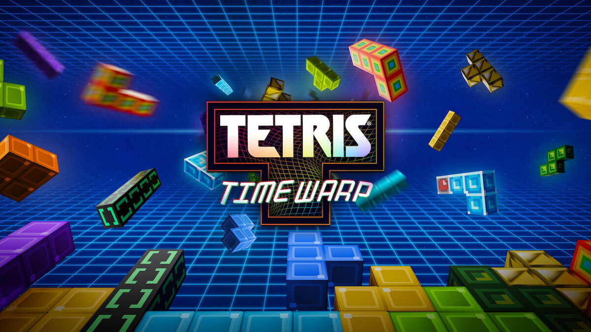 Tetris Time Warp game title with colorful Tetris blocks floating in a futuristic, digital grid environment, evoking a playful and nostalgic yet energetic mood.
