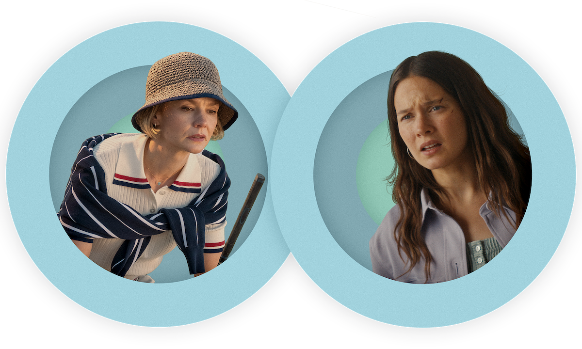 A spot photo illustration of Carey Mulligan as Lindsay dressed in her finest golf outfit butting up against a photo illustration of Cailee Spaeny as Ashley wearing a purple jacket with a look of distress and cuts on her face in BEEF Season 2.