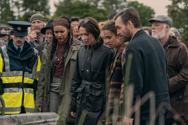 Seán Óg Cairns as Garda Eoin, Kerri McLean as Maeve, Siobhán Cullen as Dove, and Robyn Cara as Emmy Sizergh, Will Forte as Gilbert Power in 'Bodkin'