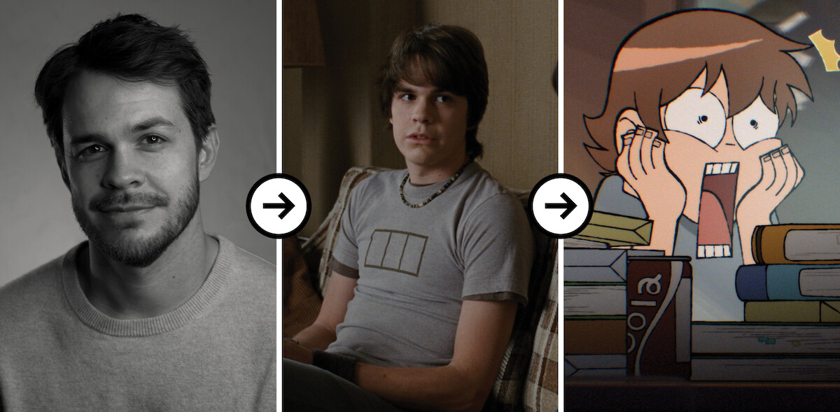 Triptych of images showing a headshot of Johnny Simmons, Johnny Simmons as Young Neil in ‘Scott Pilgrim vs. The World,’ Johnny Simmons as Young Neil  in ‘Scott Pilgrim Takes Off’