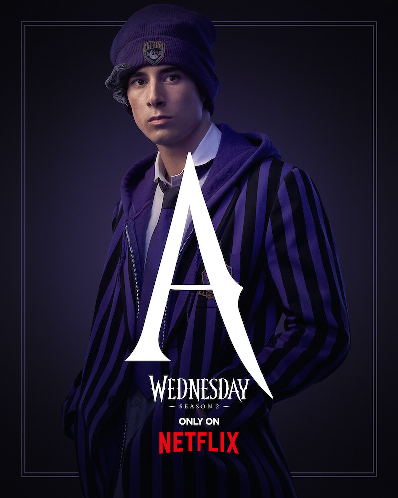 Key Art for 'Wednesday' Season 2 featuring Georgie Farmer as Ajax Petropolus.